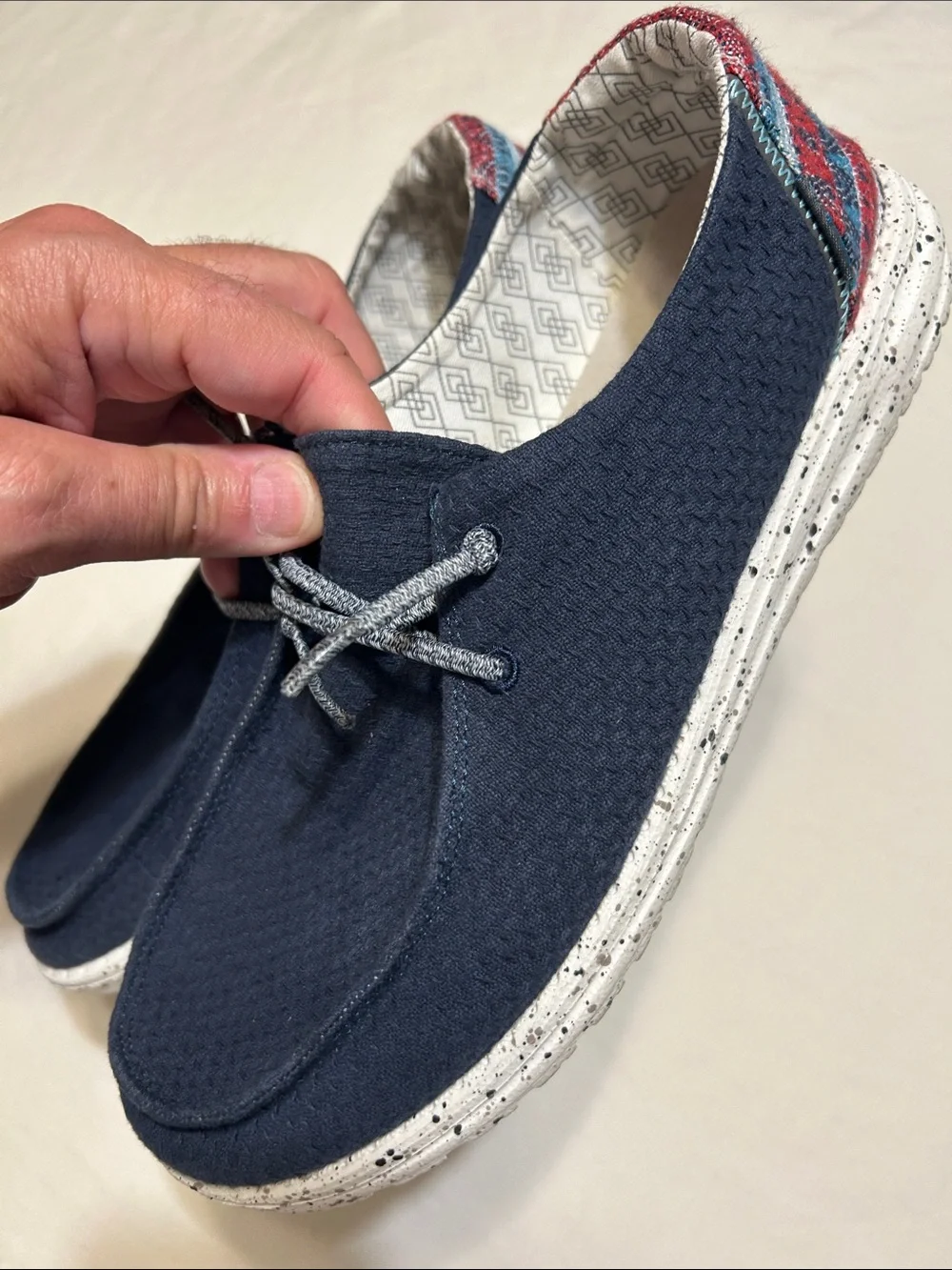 Hey Dude Navy Canvas Slip-On with Speckled Sole and Printed Heel